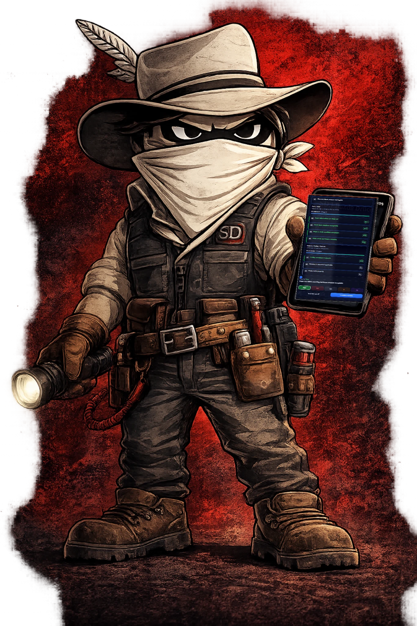 Bandit Office mascot holding a device showing the inspection app screen